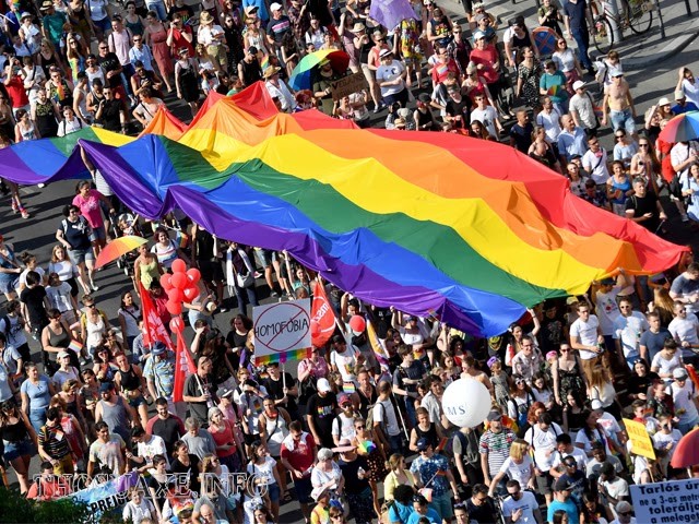 Một cuộc tuần hành ủng hộ hợp pháp hóa đồng tính với biểu tượng lá cờ lục sắc của cộng đồng LGBT được giơ cao đầy tự hào