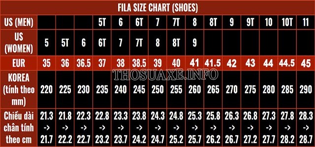 Bảng size giày Fila
