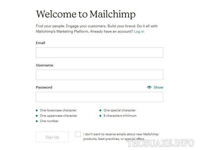 Biểu mẫu điền thông tin đăng ký tài khoản Mailchimp
