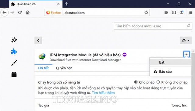 Bật tiện ích IDM trên trình duyệt Mozilla Firefox
