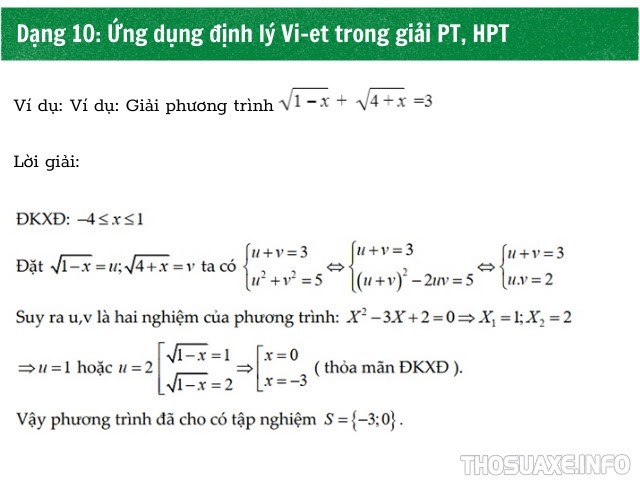 Ví dụ bài toán ứng dụng định lý Vi-ét để giải phương trình, hệ phương trình