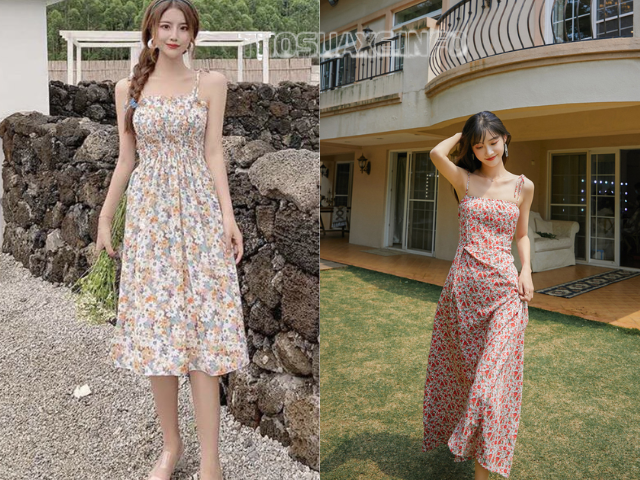 Trang phục mùa hè cho nữ đi biển với đầm maxi họa tiết hoa nhí